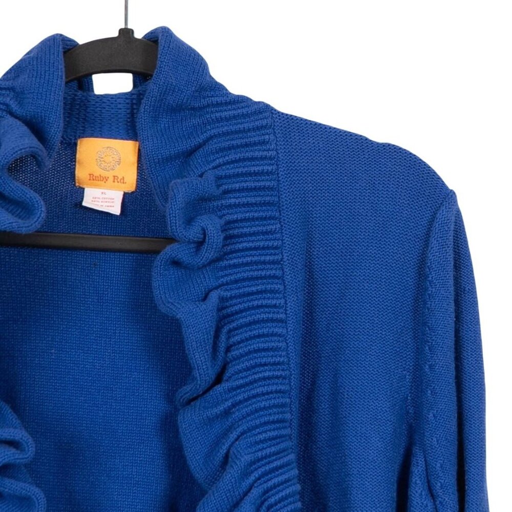 Ruby Rd Ruffle Cardigan Sweater XL Womens Blue Cotton Blend Knit Grammacore - Picture 2 of 5